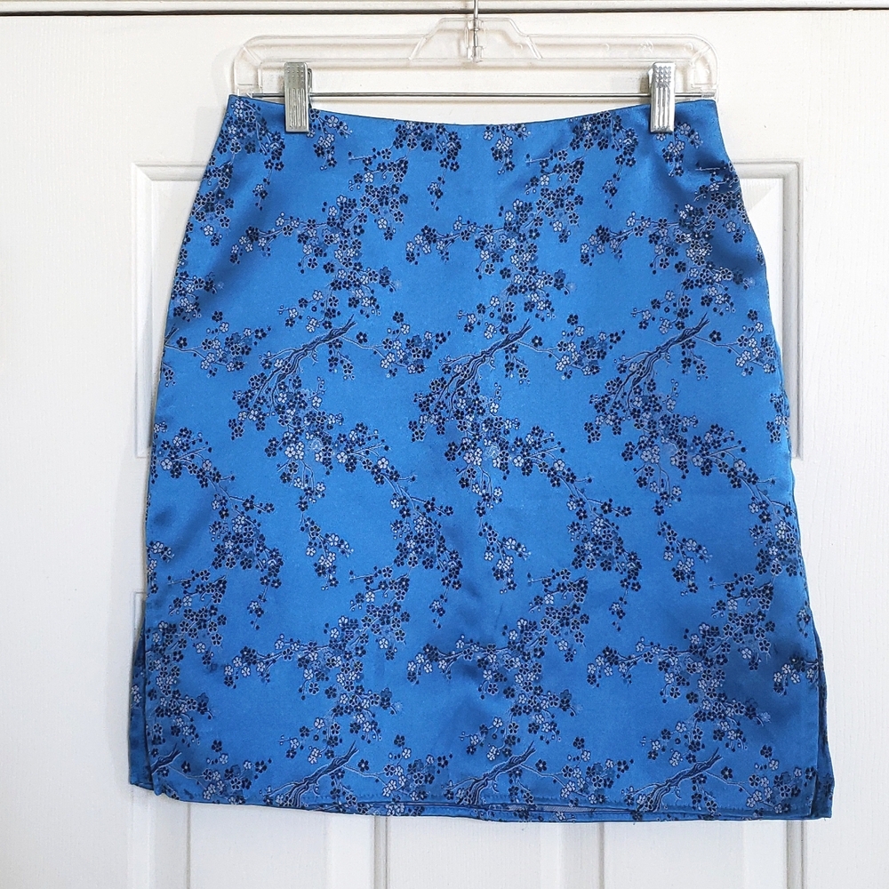 Vintage 90s Y2K Satin Cherry Blossom Skirt Blue Black White MEDIUM Kawaii - Picture 7 of 13